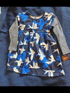 Tea Collection Navy and Blue Bird Print Long Sleeve Dress with Striped Sleeves